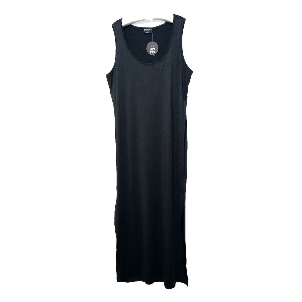 Jolie & Joy Women Maxi Dress 3X Black Minimalist Scoop Neck Long Side Splits